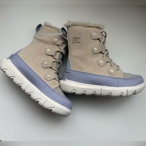 Sorel Kids Explorer Cream and Lavender Winter Boots